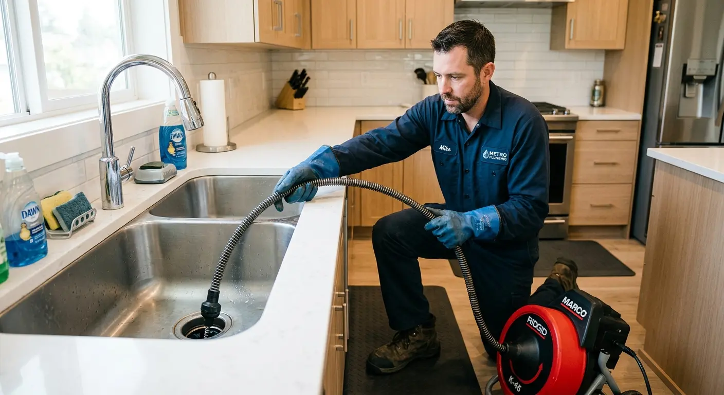 Drain cleaning technician using a motorized snake on a kitchen sink in Creve Coeur