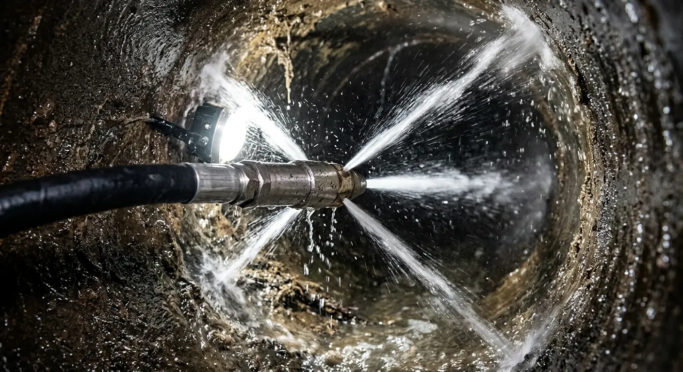 High-pressure hydro jetting nozzle cleaning sewer pipe for Storm Drain Cleaning in Creve Coeur