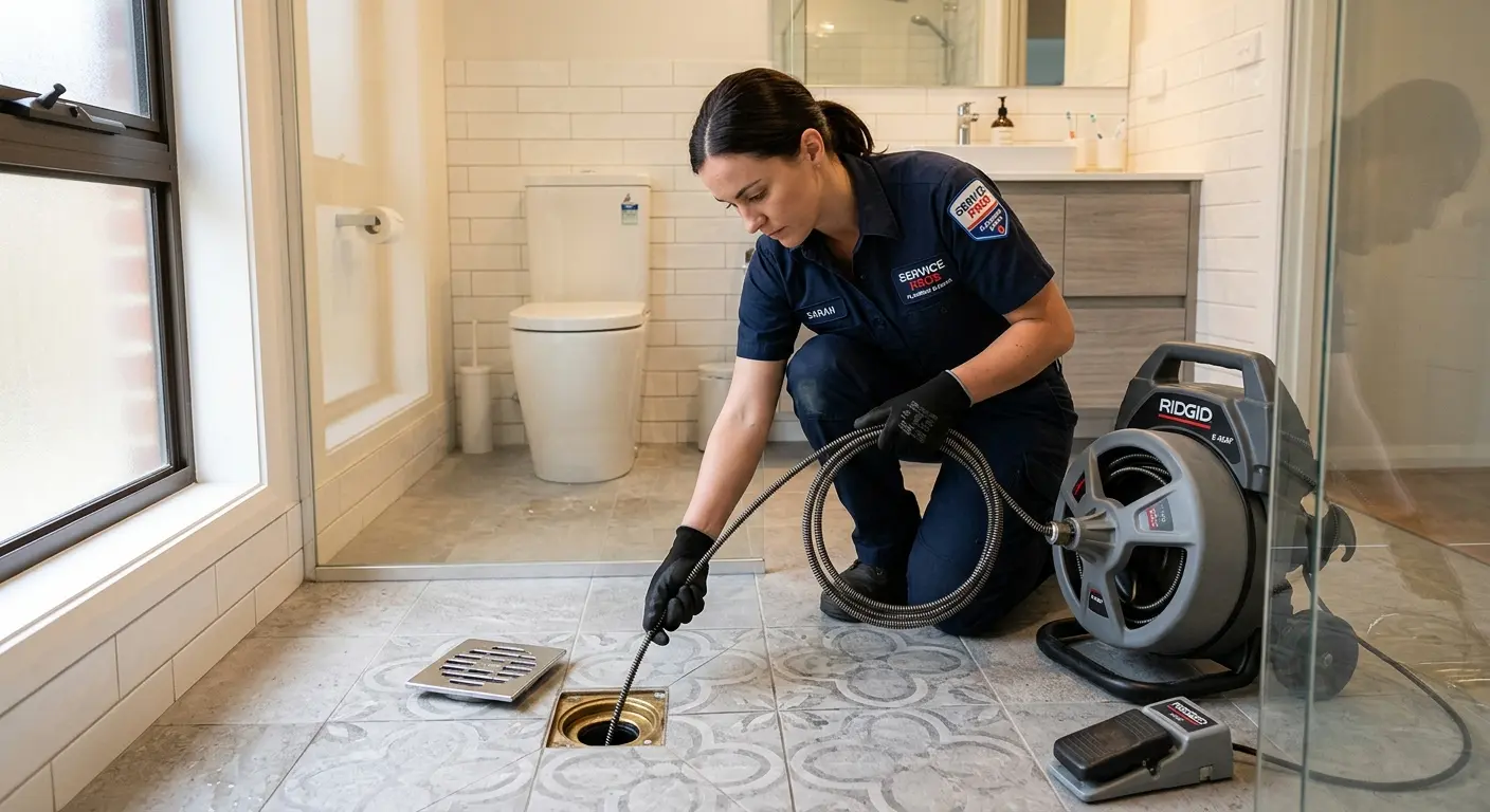Technician clearing a bathroom floor drain for Sewer Line Installation in Creve Coeur